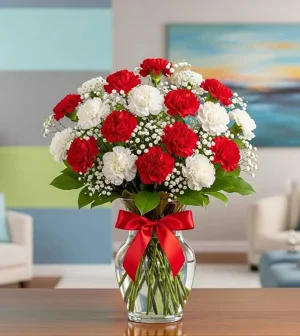 Flores claveles blancos y rojos para condolencias en arreglo floral de luto