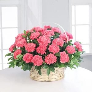 Flores de claveles rosas en canasta de condolencias con diseño floral elegante