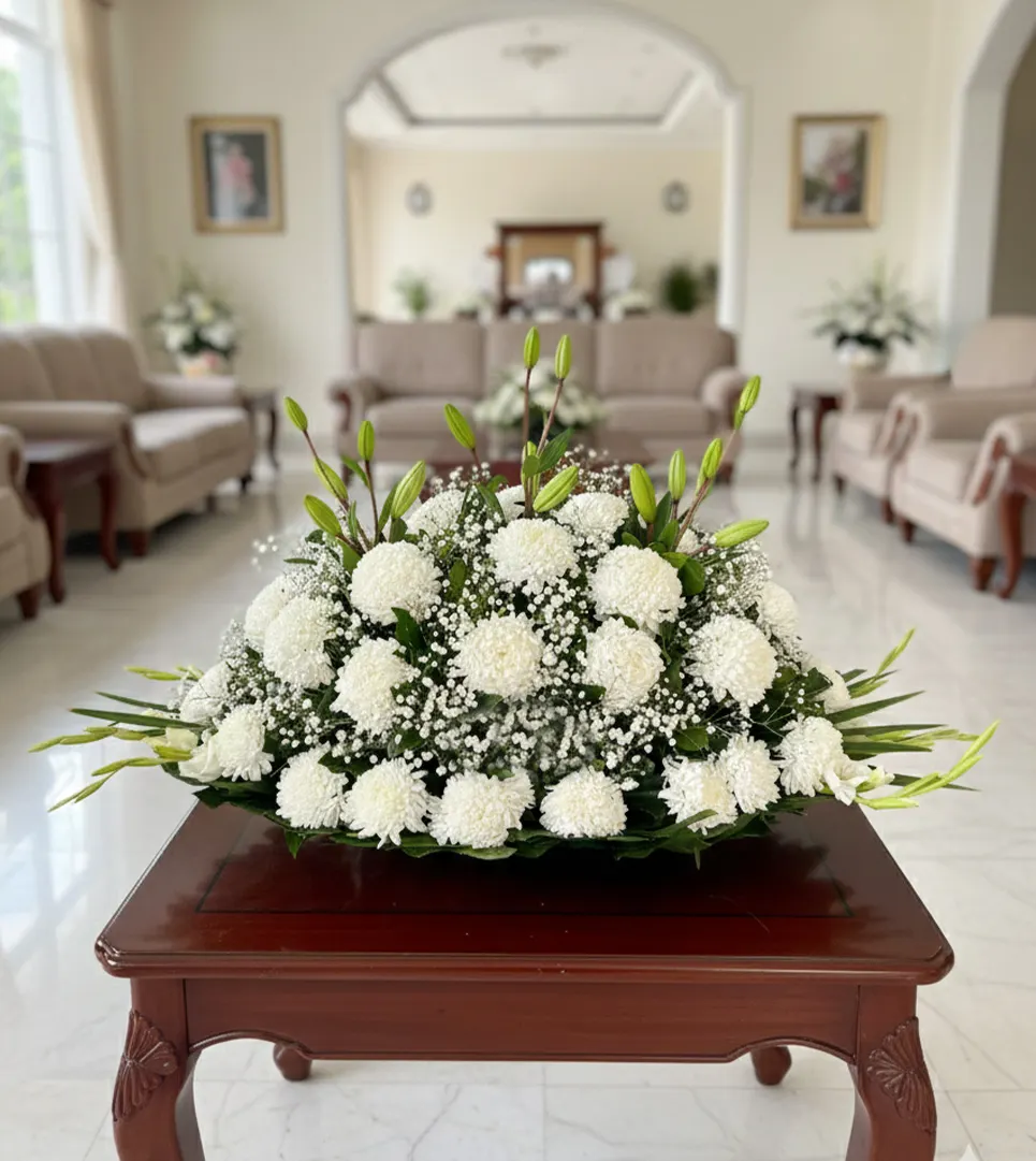Mi mas sentido pesame amiga con crisantemos y lilis en arreglo floral elegante entrega express en la ciudad de México