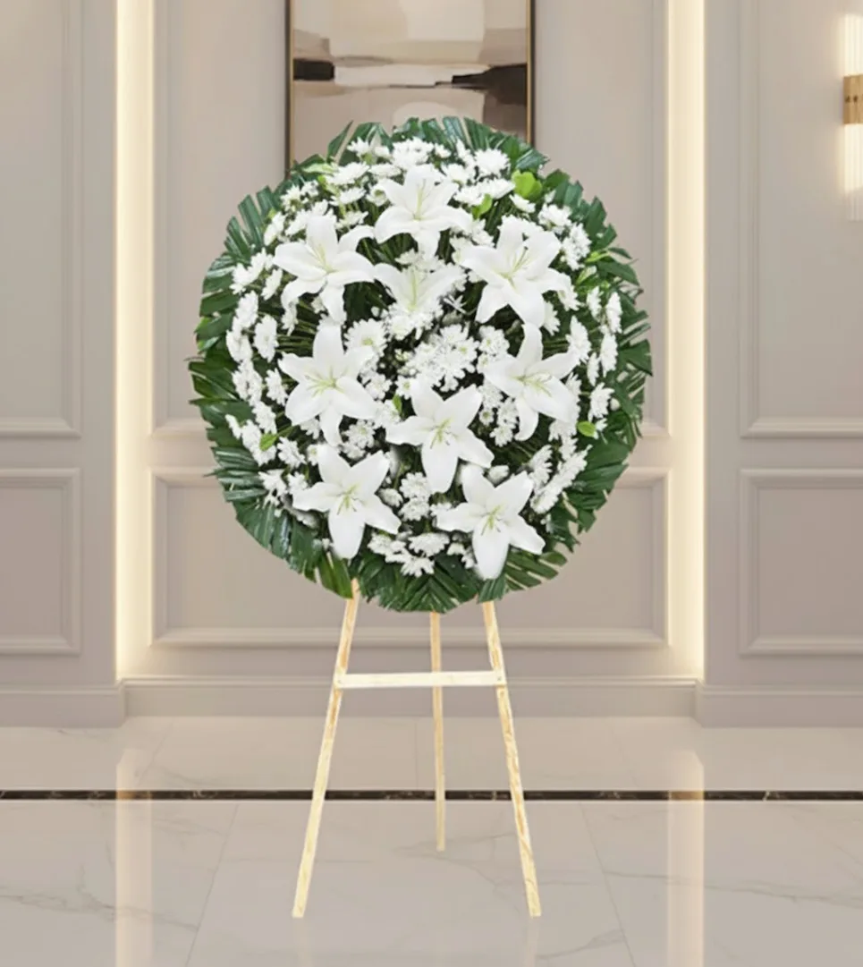 Mi mas sentido pesame corona de flores blancas para homenaje fúnebre elegante con flores casa bancas y crisantemos blancos
